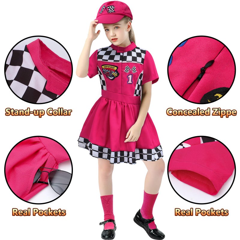 G.C 8pcs Kids Girls Race Car Driver Costume Toddler Racing Suit Rose Red Racer Dress Costumes Accessories Car Cap Knee Socks Sunglasses Flags Halloween Dress up Clothes (XS(4-6T)) - Image 5